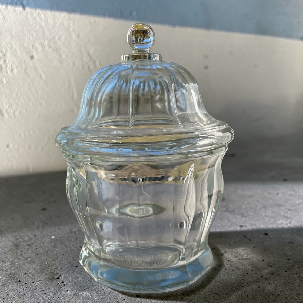Indiana Glass apothecary jar with domed lid, and panels, vintage, very heavy